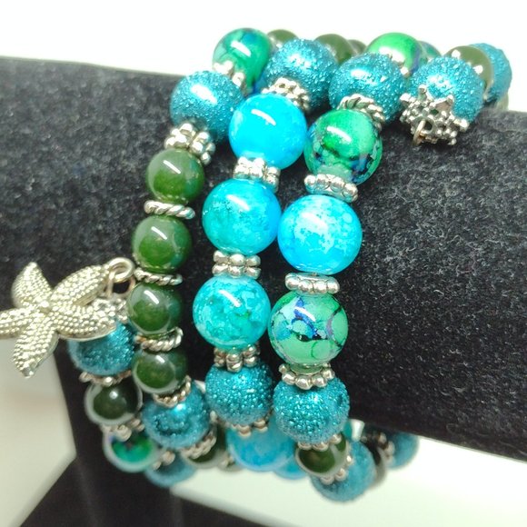 Dark Turquoise, Green and Emerald Aventurine 4 Row Memory Wire Bracelet - Picture 5 of 6